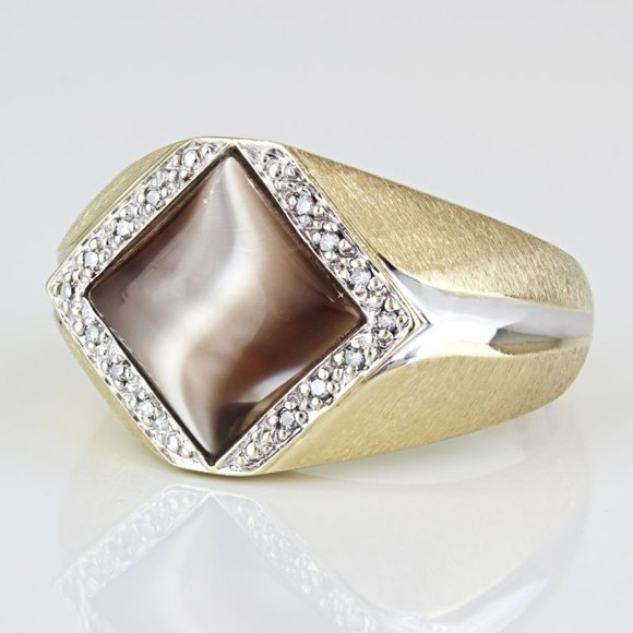 Vintage 10K Gold Simulated Cat's Eye & Diamond Men's Ring by Simmons Jewelry - Picture 1 of 11